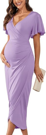 2025 Womens Maternity Wrap Dress V Neck Ruffle Sleeves Semi Formal Baby Shower Photoshoot Party C... | Amazon (US)