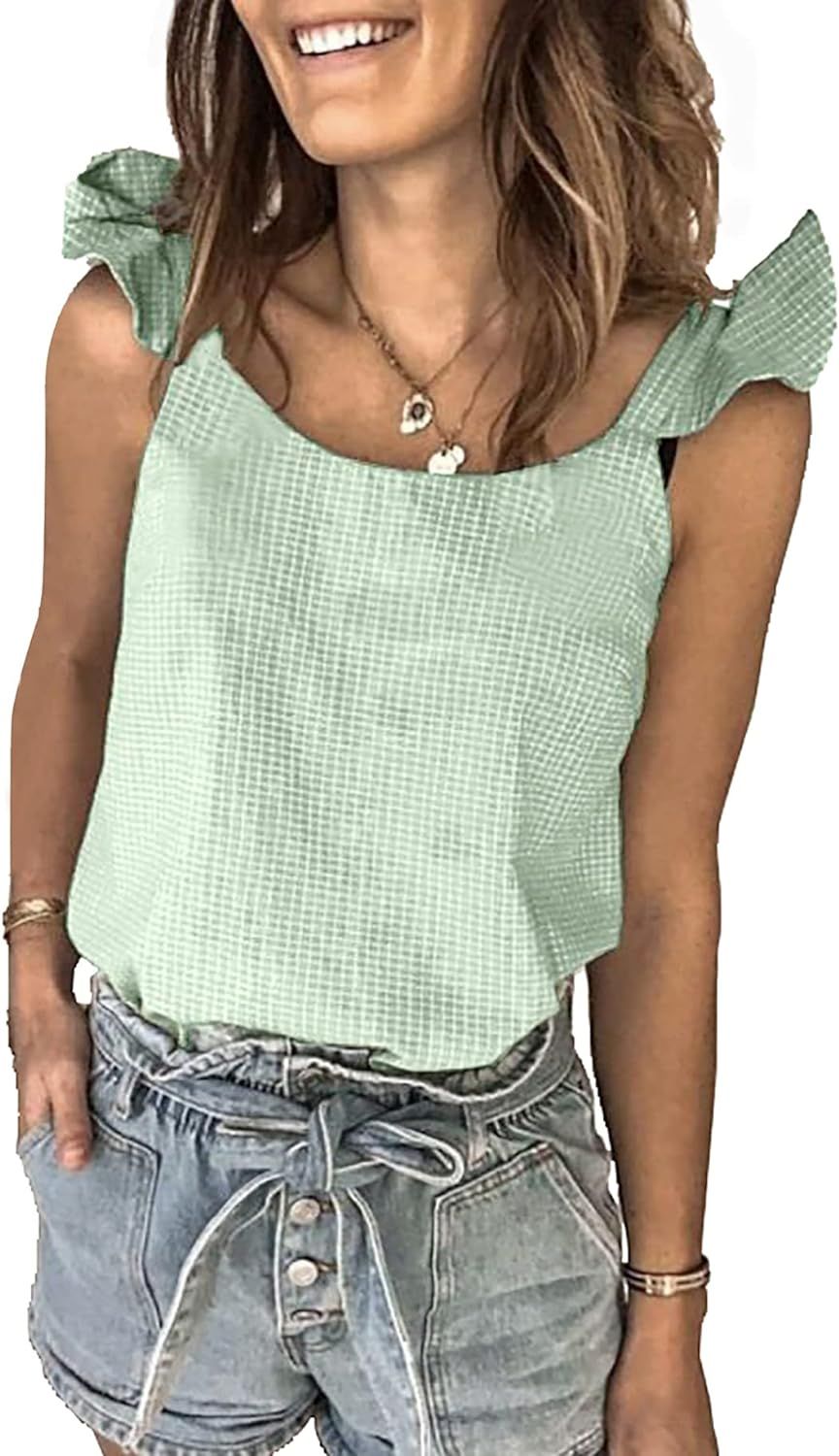 BTFBM Womens Summer Cute Print Loose Tank Tops Shirts Casual Crewneck Sleeveless Ruffle Blouse Te... | Amazon (US)