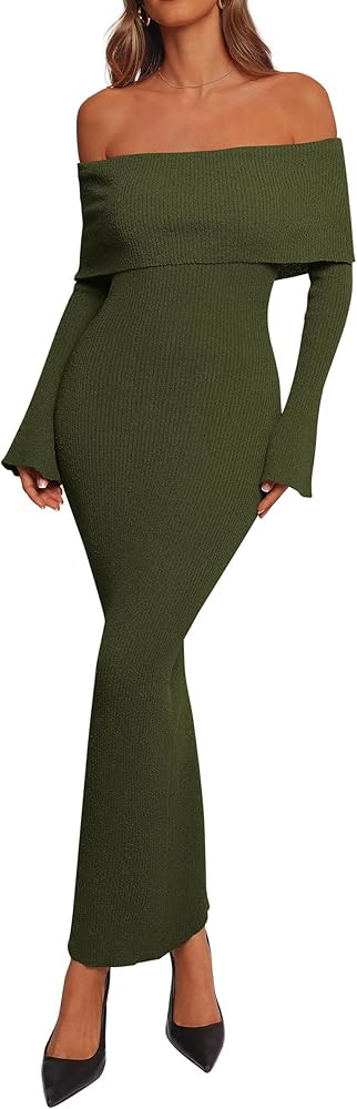 dowerme Women's Off The Shoulder Sweater Dress 2026 Formal Long Sleeve Bodycon Maxi Wedding Guest... | Amazon (US)