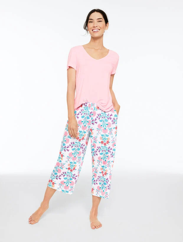 Talbots x Soma Cool Nights Short Sleeve & Crop Pant Pajama Set - Ditsy Vines | Talbots