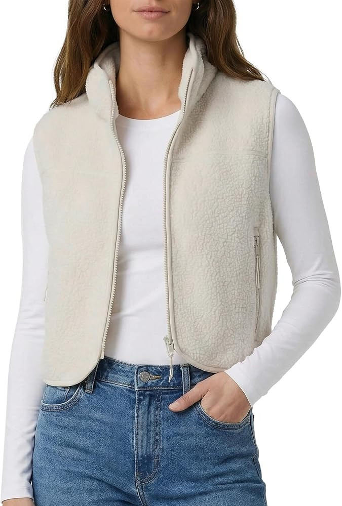 Cropped Fleece Vest Women Zip Up Stand Collar Warm Sherpa Vest Fall Cute Sleeveless Fleece Waistc... | Amazon (US)