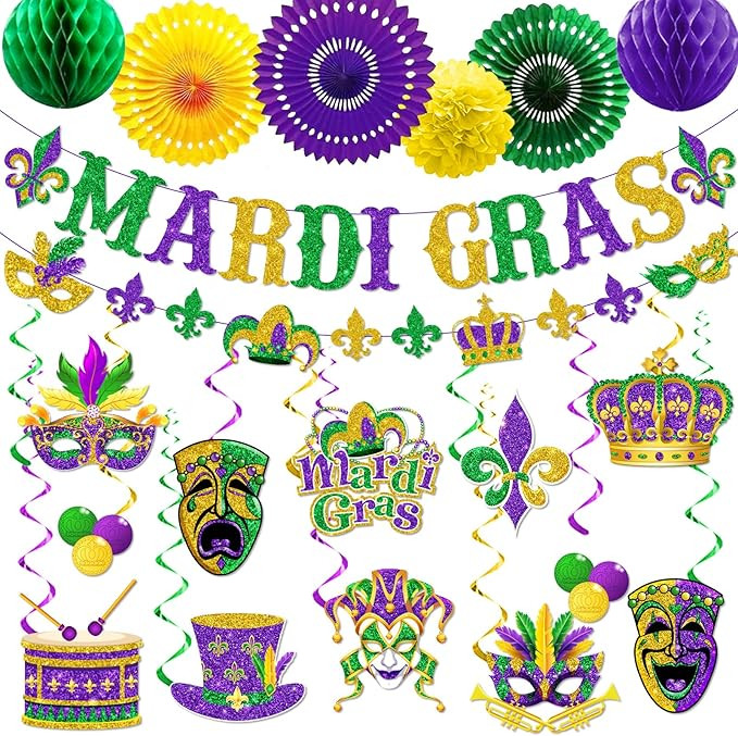 Mardi Gras Decorations,Mardi Gras Banner and Mardi Gras Party Decorations Hanging Swirls Gold Gre... | Amazon (US)