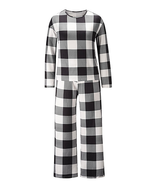 CELLABIE Women's Sweatpants Picture - Black & White Buffalo Check Long-Sleeve Pajama Set | Zulily