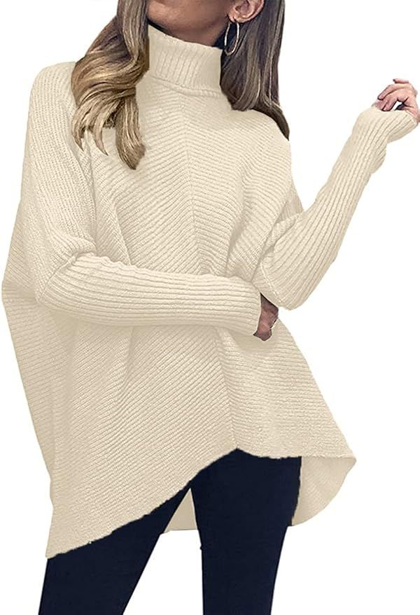 Caracilia Womens Turtleneck Long Sleeve Sweater Irregular Hem Casual Pullover Knit Tops | Amazon (US)