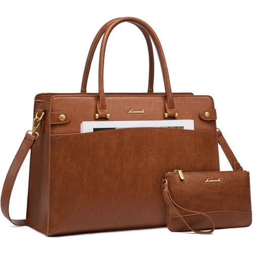 LOVEVOOK Laptop Tote Bag For Women Work, Vintage Leather Computer Bags For Laptops For Women, Waterproof Laptop Bag Business Briefcase Office Large Shoulder Handbag Purse, 15.6 Inch, Brown | Amazon (US)
