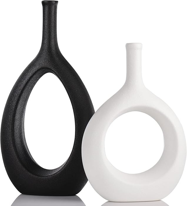 Black White Ceramic Vase Set 2,Modern Hollow Circle with Hole Flower Vase for Home Decor,for Tabl... | Amazon (US)