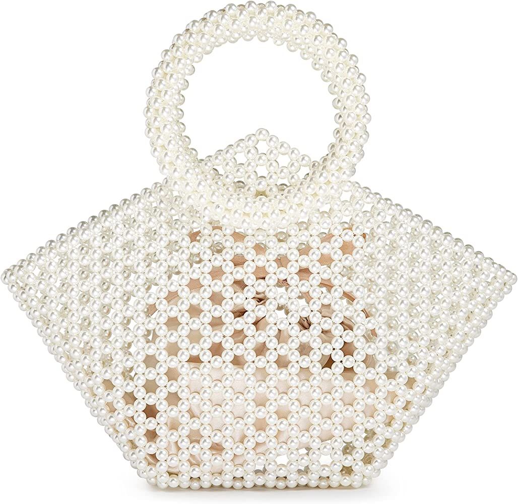 Grandxii Pearl Clutch Purse White Summer Handbag Tote Bag Evening Party Bag With Pearls For Women | Amazon (US)