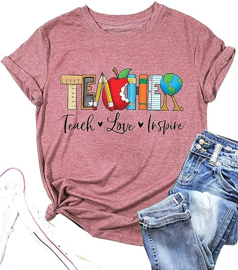 Teach T Shirt for Women Teacher Graphic Tees Tops Teach Inspire Letter Print Shirts Tops | Amazon (US)