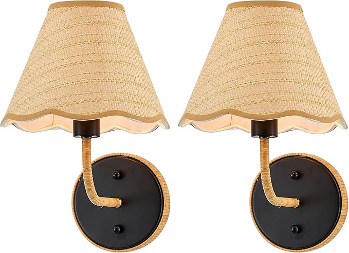 Elycucpa 11” Boho Hand Woven Rattan Wall Sconces Set of Two Rustic Industrial Wall Lamp Black F... | Amazon (US)