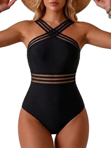 Tempt Me Women Black Crisscross One Piece Swimsuits Mesh Tummy Control Bathing Suits Front Crossover Swimwear M | Amazon (US)