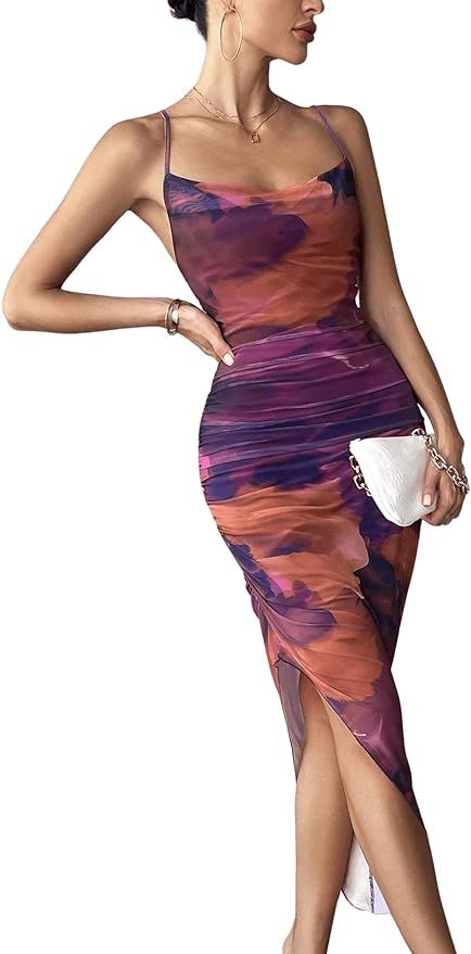 SOLY HUX Women's Tie Dye Cowl Neck Split Hem Bodycon Cami Dress Backless Long Dresses | Amazon (US)