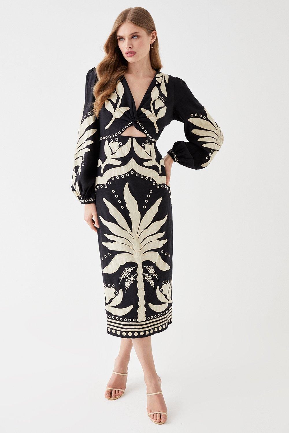 Linen Twist Front Applique Embroidered Midi Dress | Coast UK & IE