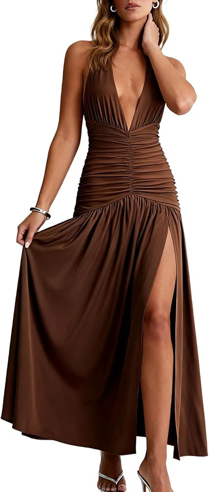 Womens Sexy Deep V Neck High Slit Maxi Dress Halter Tie Backless Formal Evening Party Date Night ... | Amazon (US)