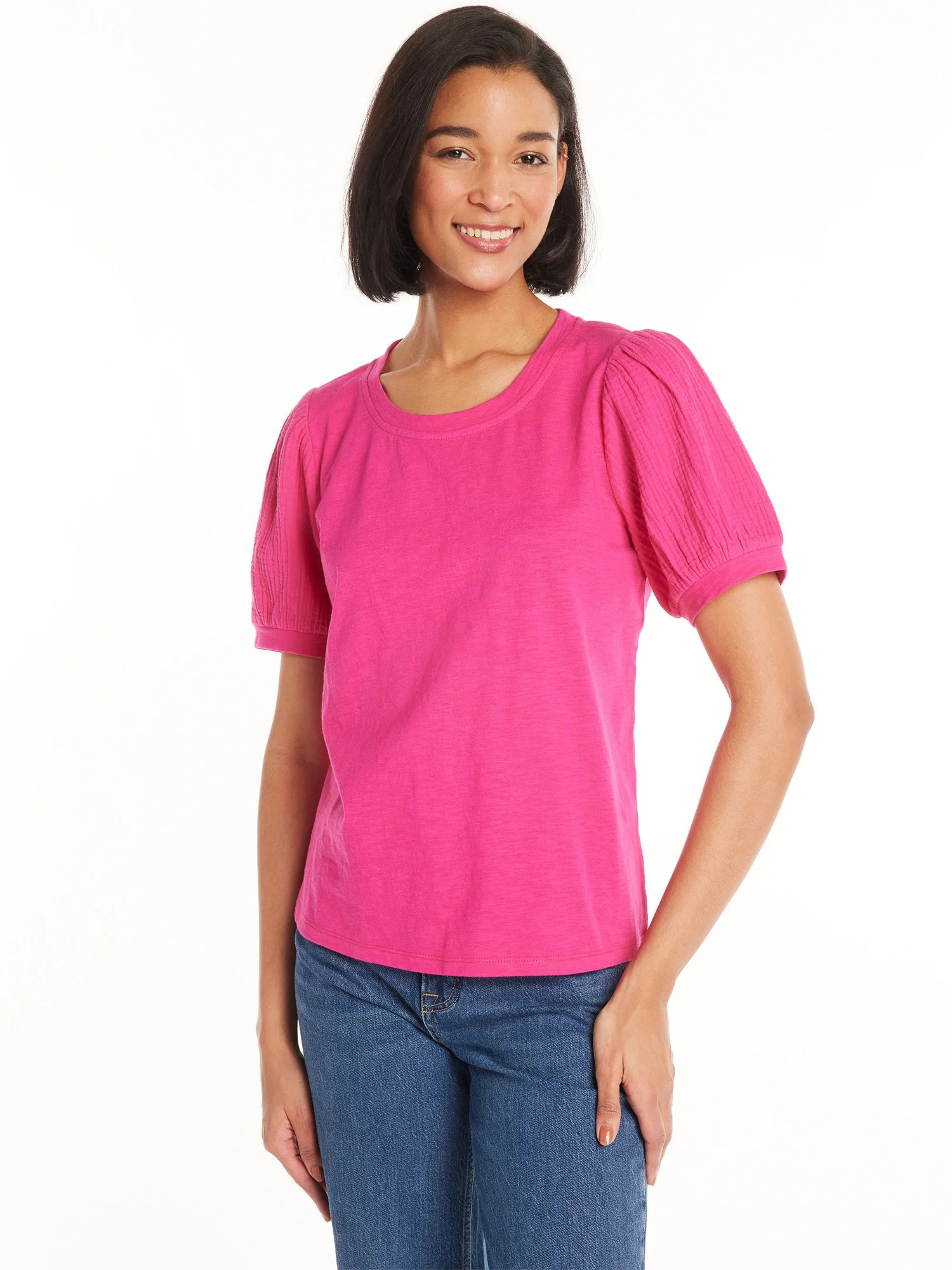 Time and Tru Women's Cotton Top with Puff Sleeves, Sizes XS-XXXL | Walmart (US)