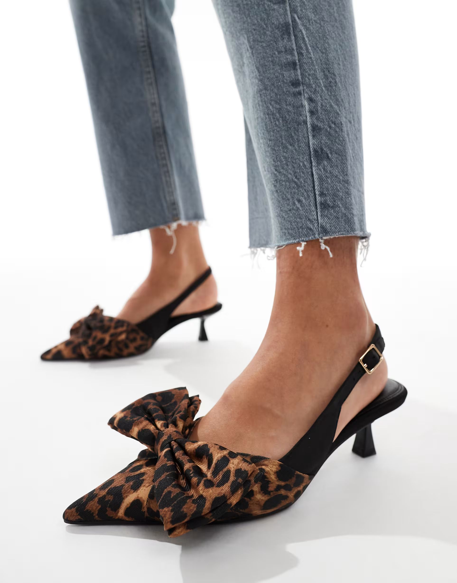 ASOS DESIGN Secret bow slingback kitten heel shoes in leopard | ASOS (Global)