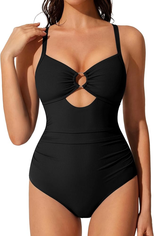 RXRXCOCO Womens One Piece Swimsuit Tummy Control Ribbed O-Ring Cutout Ruched Slimming Bathing Sui... | Amazon (US)