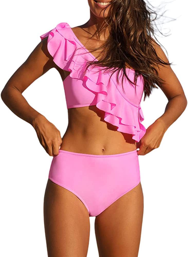 Hilinker Women's Ruffle One Shoulder Bikini Mid Waist Bikini Swimsuit 2 Piece Bathing Suit | Amazon (US)