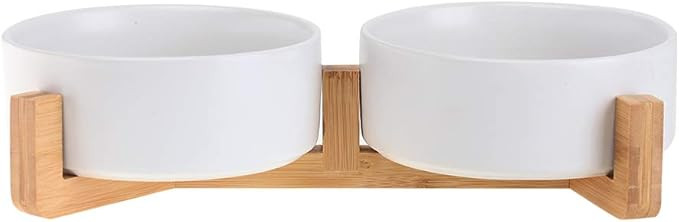 White Ceramic Cat Dog Bowl Dish with Wood Stand No Spill Pet Food Water Feeder Cats Small Dogs Se... | Amazon (US)