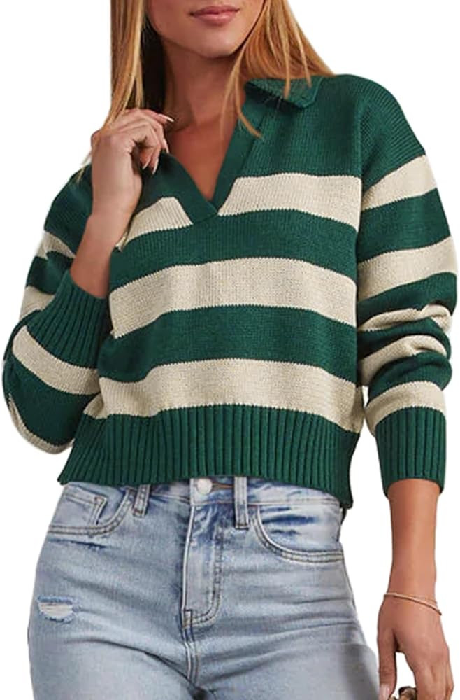 Mutitop Womens V Neck Oversized Sweater Top Collared Batwing Long Sleeve Ribbed Knit Pullover Cas... | Amazon (US)