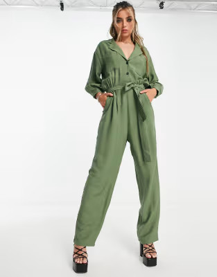 Topshop premium button through boiler suit in khaki | ASOS (Global)