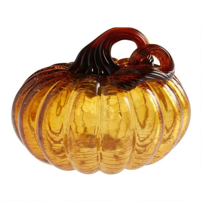 Wide Pier Place Amber Crackle Glass Pumpkin Decor | World Market