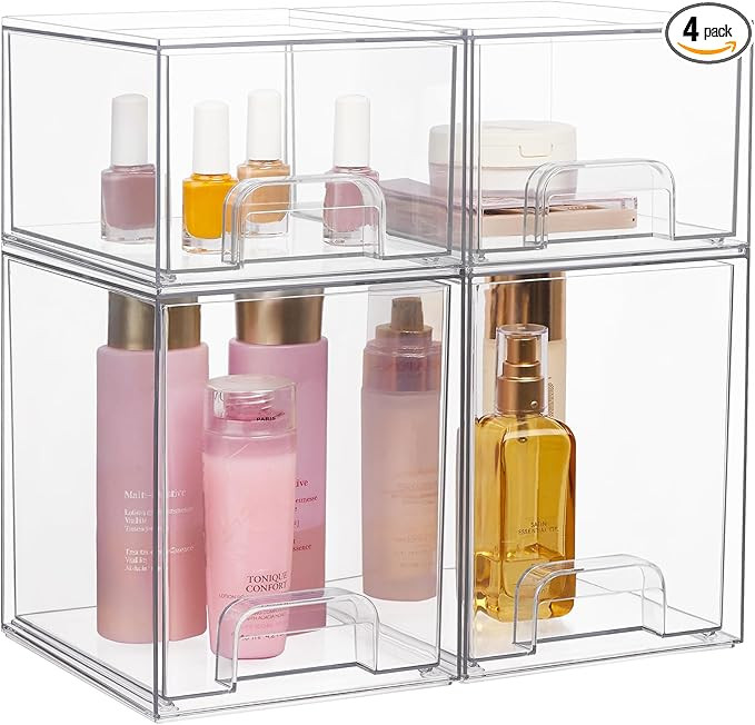 Vtopmart Stackable Storage Drawers Set of 4, 7.6"H and 4.4''H Clear Plastic Organizer Bins for Ba... | Amazon (US)