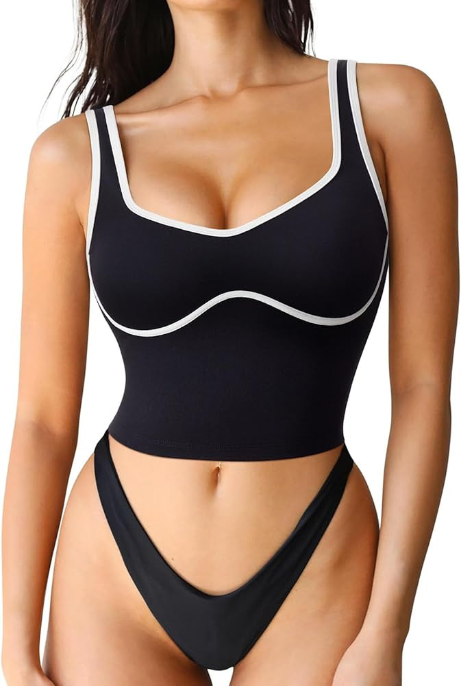 SUUKSESS Women Sweetheart Neckline Longline Sports Bra Padded Basic Workout Crop Tank Top | Amazon (US)