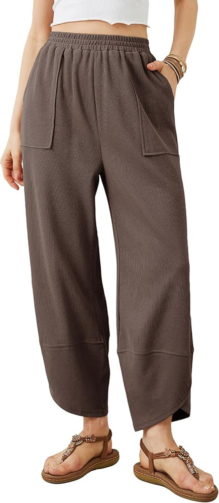 Womens Baggy Wide Leg Pants Summer Casual Elastic Waist Palazzo Harem Pants with Pockets | Amazon (US)
