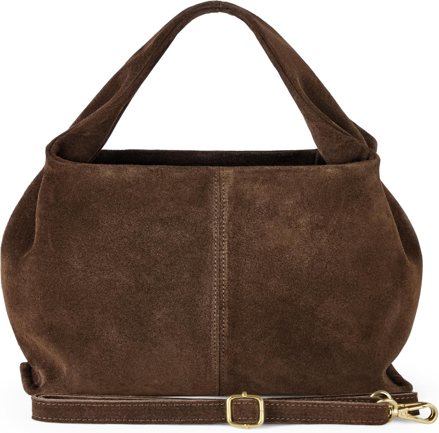 Italian Genuine Suede Shoulder Bag For Women With Sculpted Top Handle And Detachable Strap | Medium Designer Handbag (Chocolate) | Amazon (US)