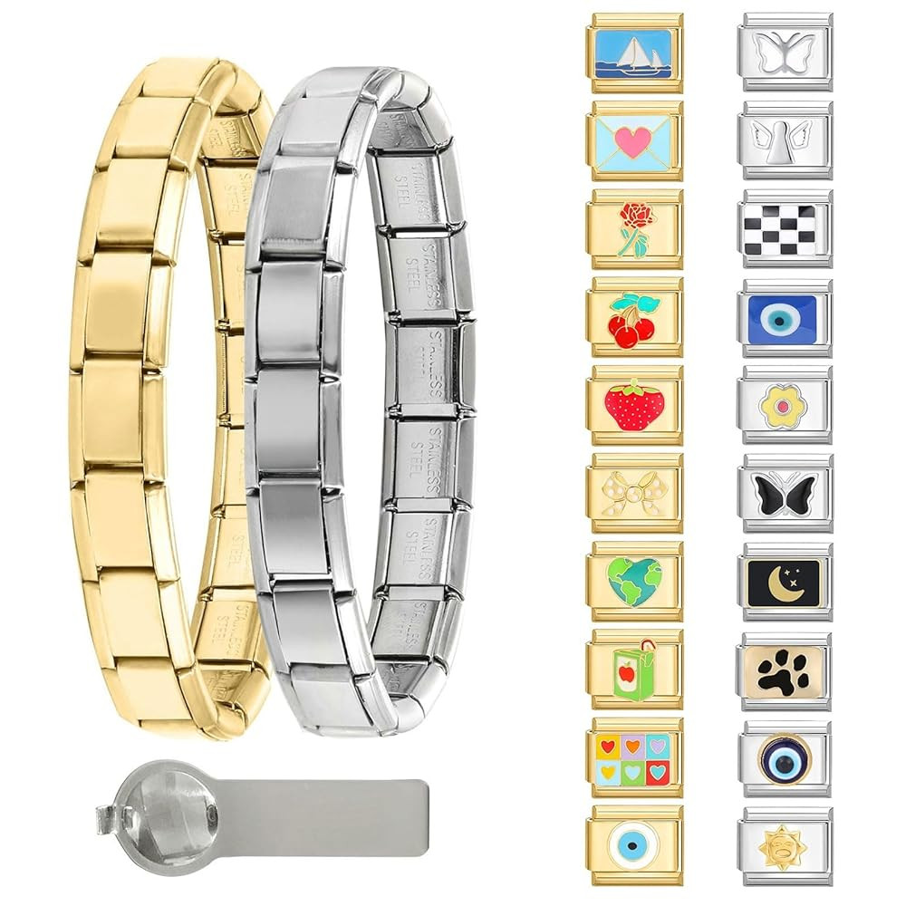 papasgix 23pcs Italian Charm Bracelet Gold Silver Set with Starter Brascelet, Assorted Charms and... | Amazon (US)