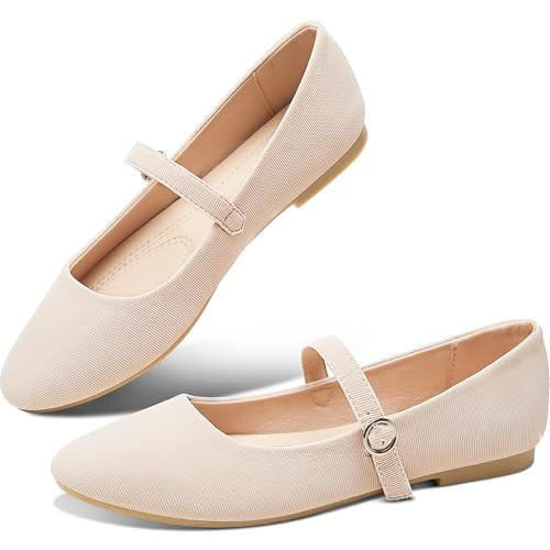 Obtaom Women's Beige Mary Jane Ballet Flats, Size 9, Medium Width, Low Top, Round Toe, Buckle Strap, Fabric, PVC Sole, Flat Heel, Casual, All Seasons | Amazon (US)