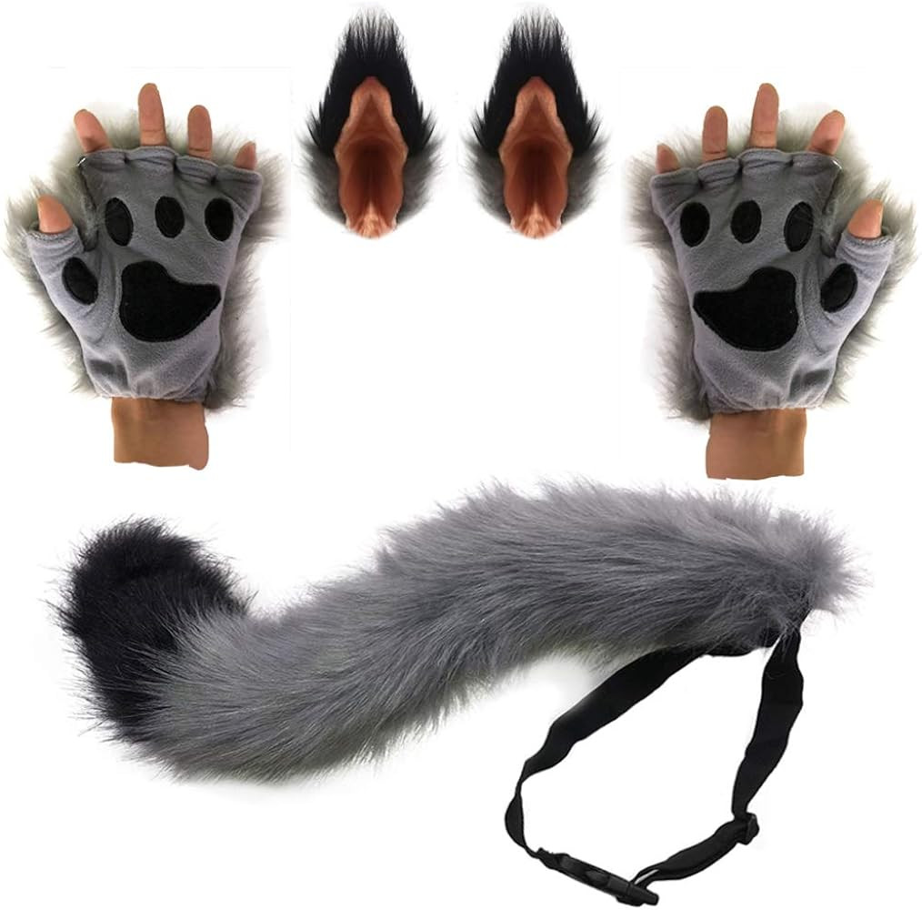 HAOAN Wolf Fox Tail Clip Ears and Gloves Set Halloween Christmas Fancy Party Costume Toys Gift fo... | Amazon (US)
