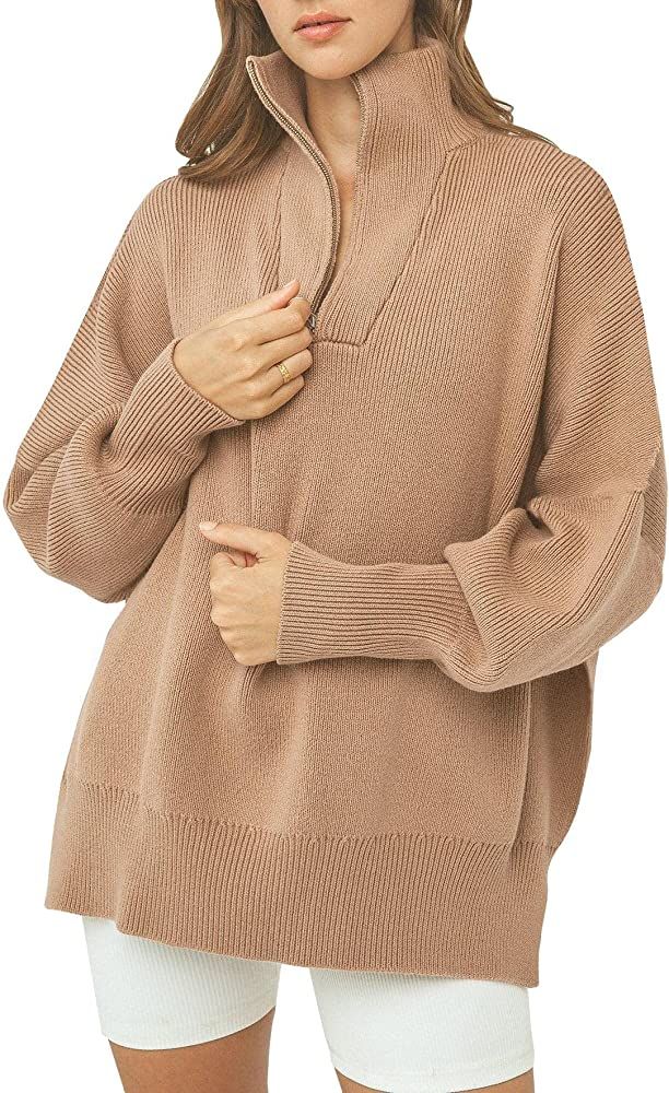 Amazon.com: Imily Bela Women's 1/4 Zip Collared Sweaters Long Sleeve Oversized Slit Side Slouchy ... | Amazon (US)