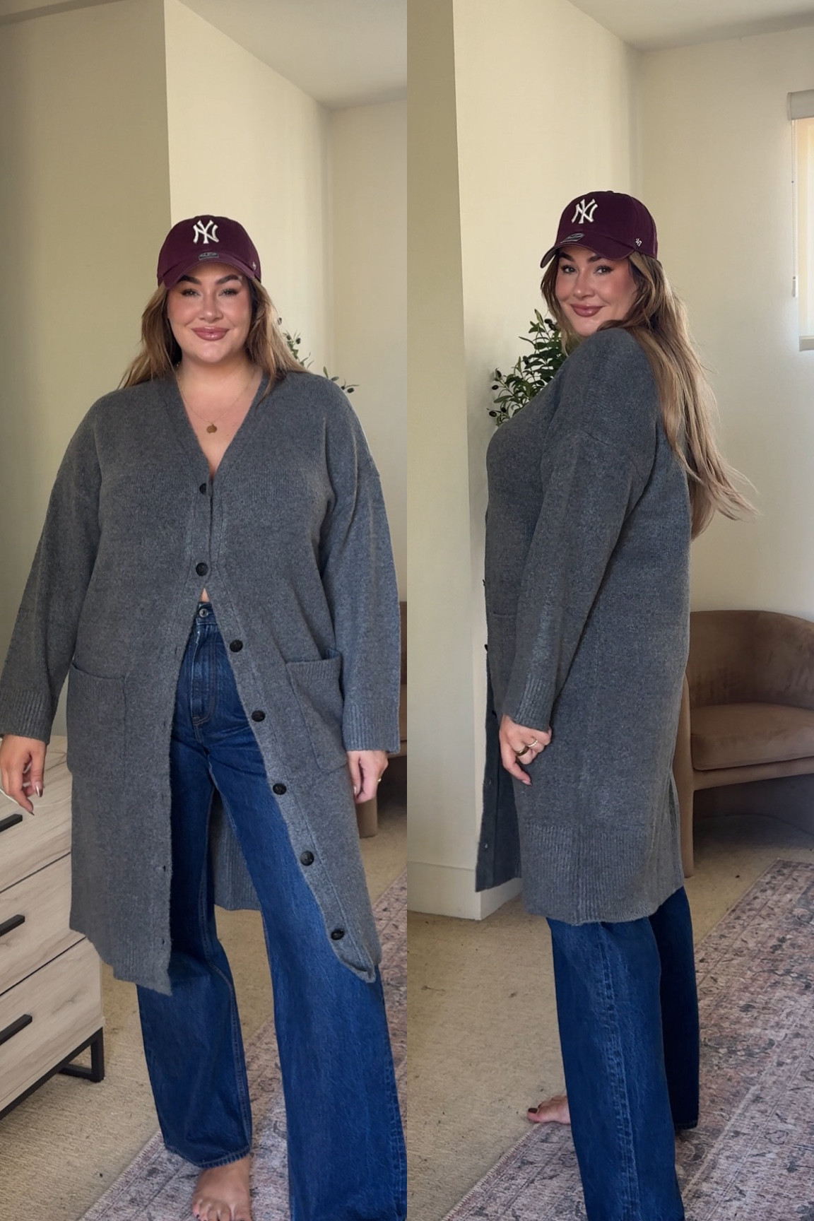 wearing an xl in the cardigan & a size 34 in the pants which are in dark! 

#LTKFallSale #LTKMidsize #LTKStyleTip