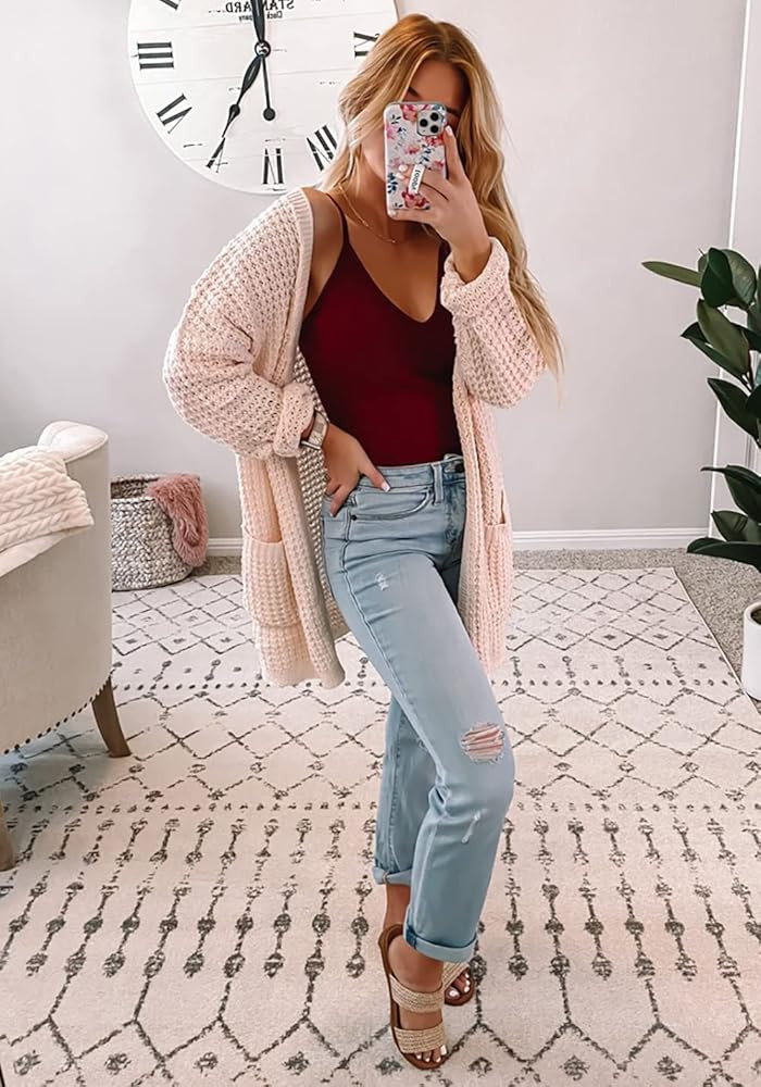 BTFBM Women Long Sleeve Open Front Plain Knit Cardigan Fashion Color Block Striped Slouchy Loose ... | Amazon (US)