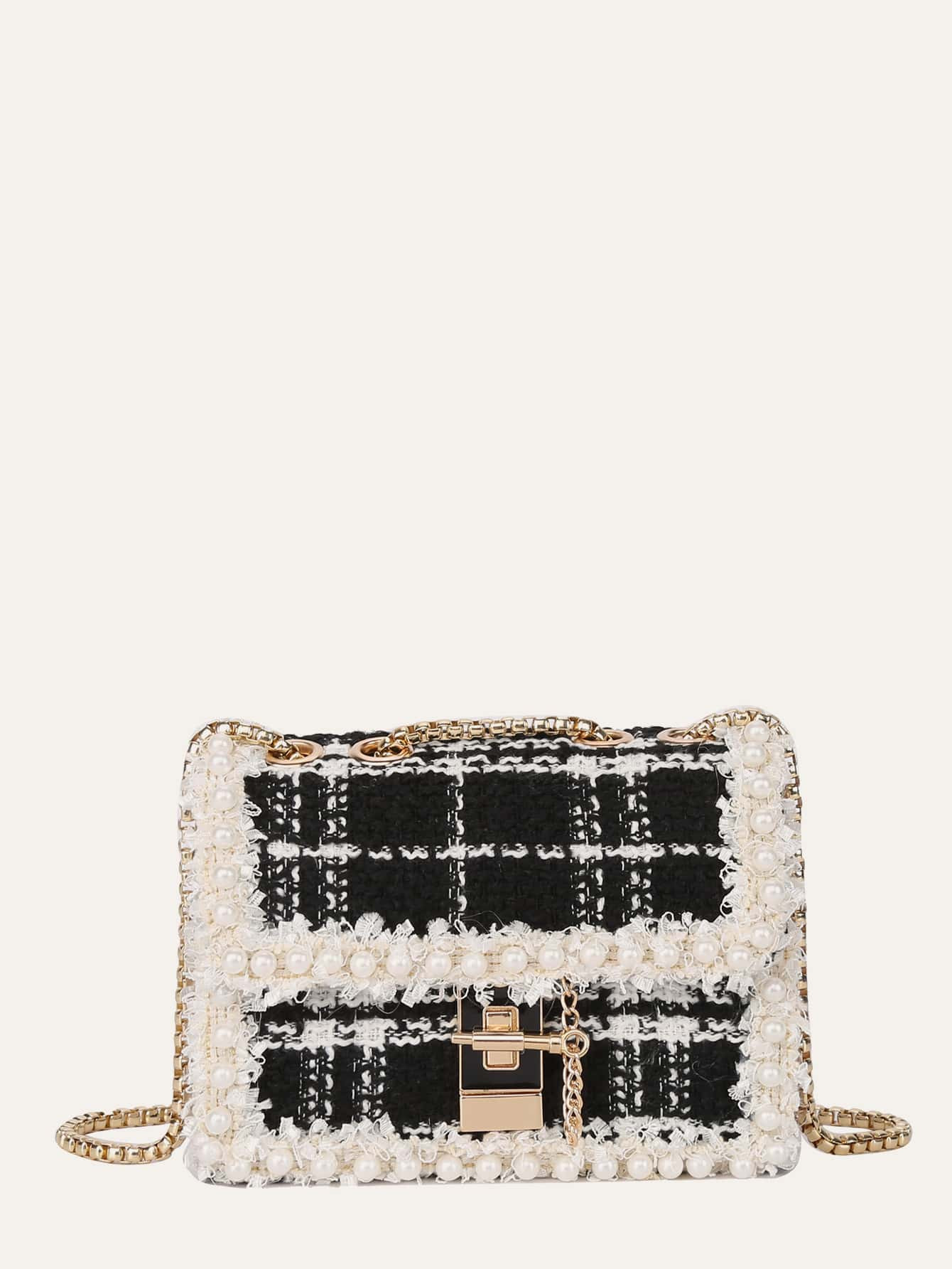 Faux Pearl Decor Plaid Crossbody Bag | SHEIN