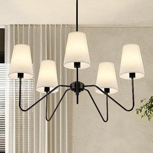 5-Light Modern Chandeliers, Pendant Lights Fixture with Linen Beige Fabric Shade for Living Room ... | Amazon (US)