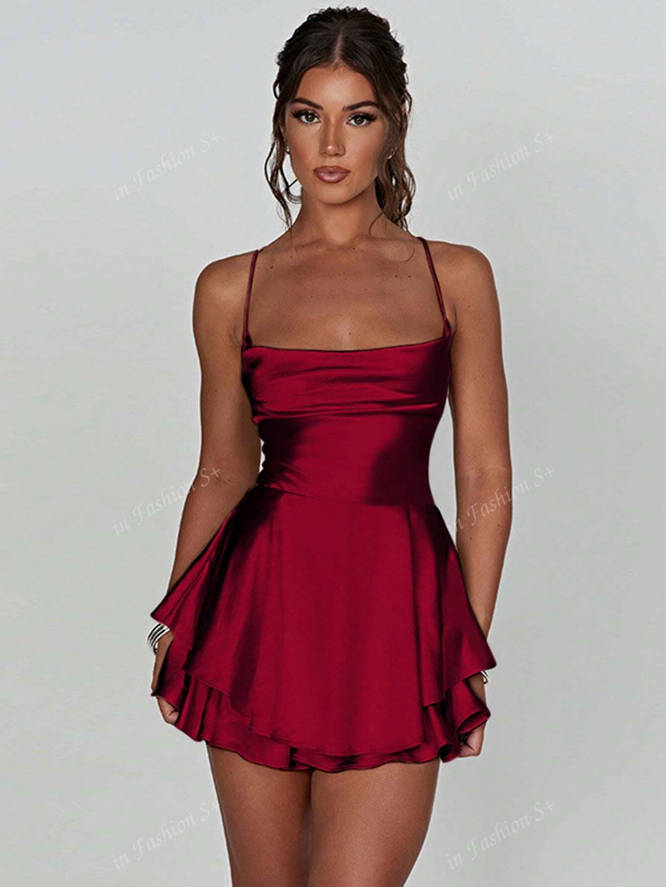 1pc Stylish Backless Drawstring Design Pleated Dress, Sexy Satin Mini Dress For Party, Bar, Home | SHEIN