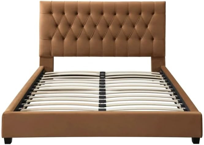 Mid Century Modern Cognac Velvet Platform Bed, No Foundation Required, Made with Solid American W... | Amazon (US)