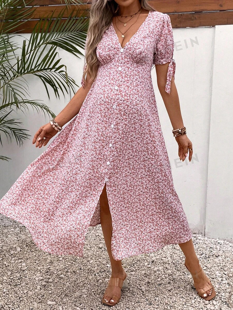 SHEIN Maternity Ditsy Floral Print Knot Cuff Button Front Dress | SHEIN
