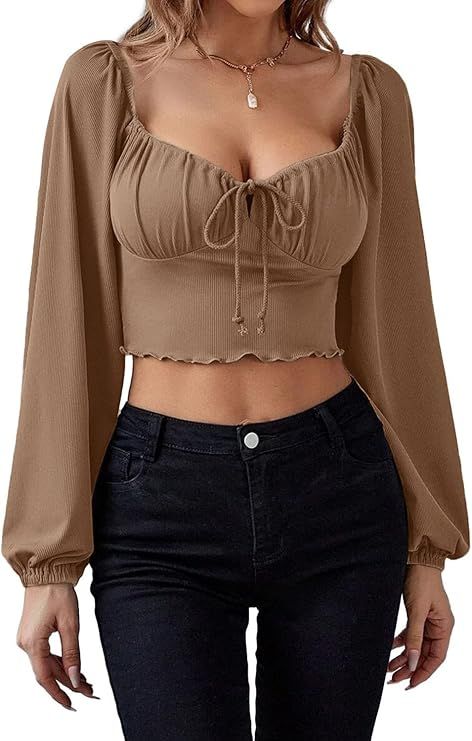 EVALESS Crop Tops for Women Lantern Long Sleeve Sweetheart Neck Blouse Clothes | Amazon (US)