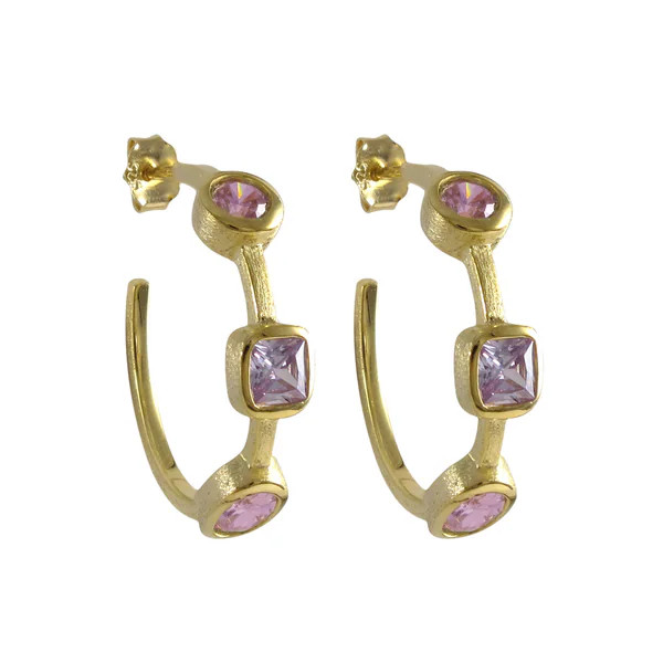 Luxiro Sterling Silver Matte Gold Finish Pink and Blue Cubic Zirconia Hoop Earrings | Bed Bath & Beyond