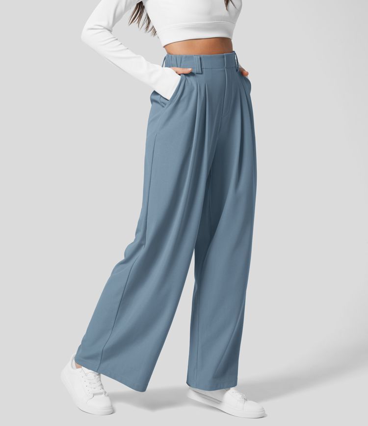 Women’s High Waisted Plicated Side Pocket Wide Leg Waffle Work Pants - Halara | HALARA