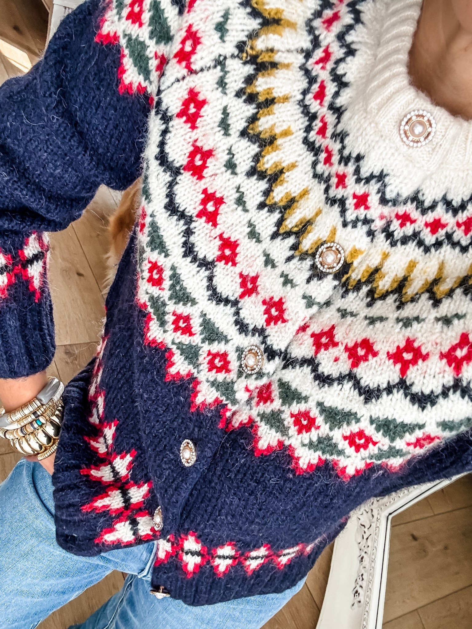 Jeans 25. Brighton jeans I cut. Sweaters small. Denim jacket small. Floral jacket XS. Leggings small. Shoes TTS. Jewelry code HOUSEOFLEO30. 
Fair isle sweaters 



#LTKOver40 #LTKFindsUnder100 #LTKHoliday