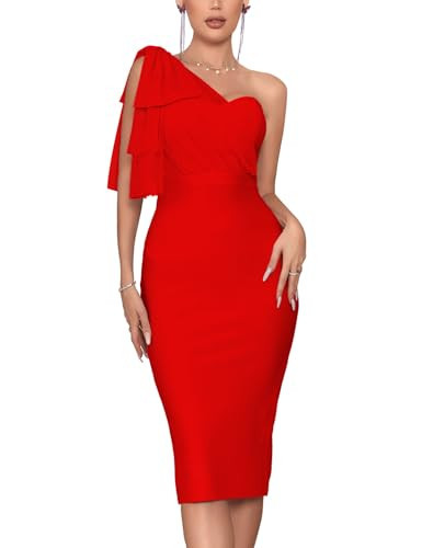 houstil Women's One Shoulder Cocktail Bandage Dress Midi Party Mesh Bow Bodycon Wedding Guest Dresses (S, Red) | Amazon (US)