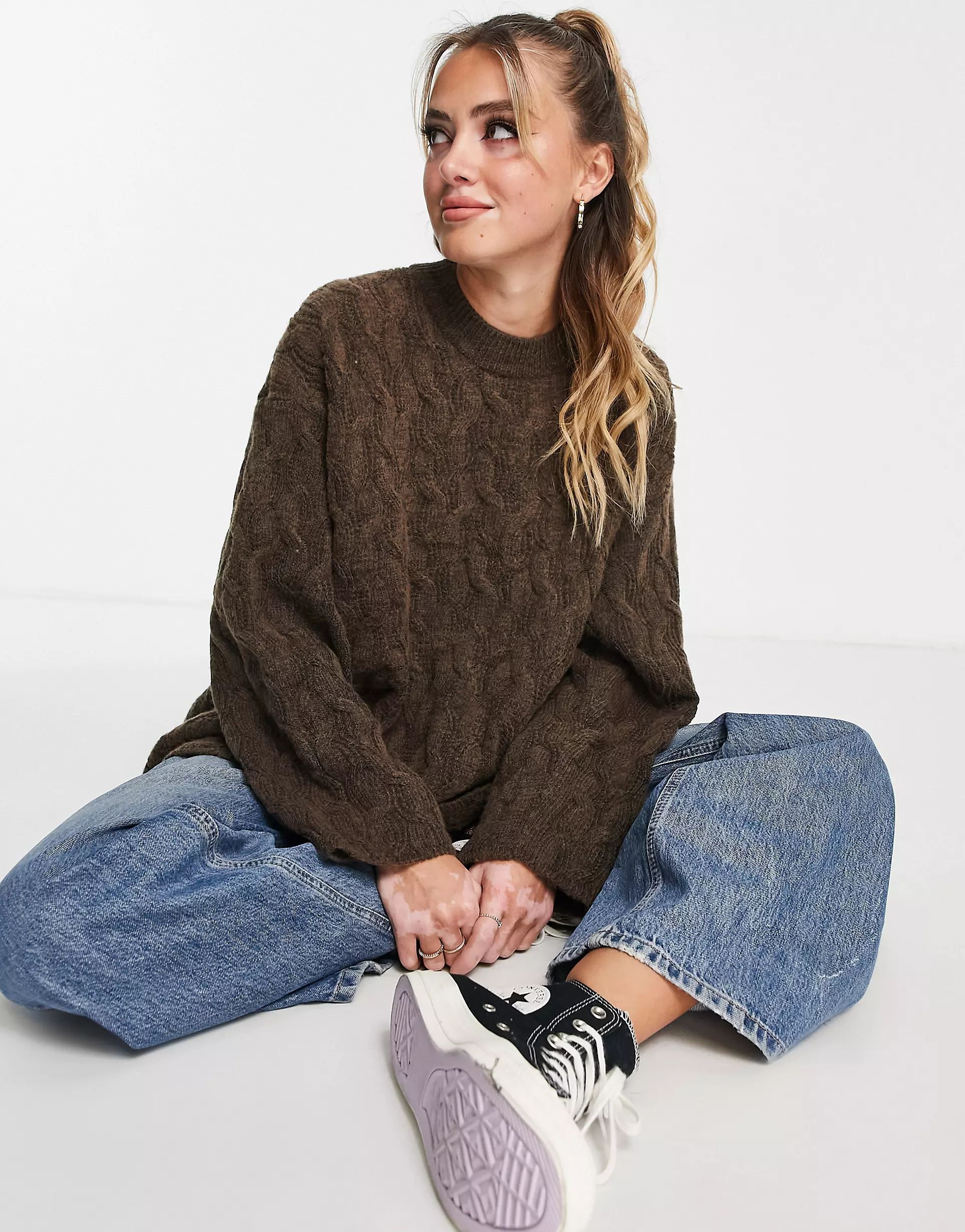 Monki oversized cable knit sweater in brown | ASOS (Global)