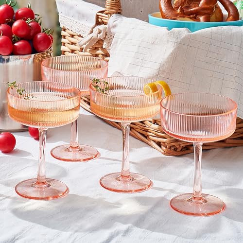 Khen Shatterproof Acrylic Ribbed Vintage Art Deco Martini, Champagne & Cocktail Pink Coupe Glasses | Set of 4 | 8oz Ripple Glassware Indoor & Outdoor | Amazon (US)