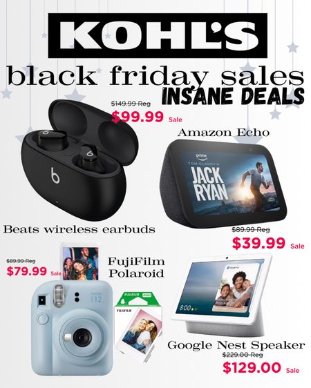 Kohl’s Black Friday sale is live NOW until Nov. 24th. Shop here for the best deals on electronics! 
Beats earbuds 
Amazon Echo 
Google Nest 
Polaroid Camera 

#LTKfindsunder100 #LTKsalealert #LTKCyberWeek