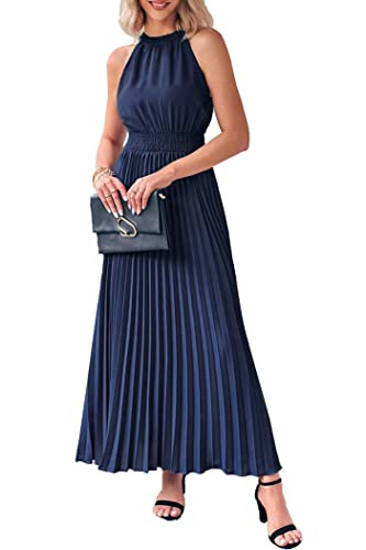 PRETTYGARDEN Women's Long Sun Dresses Sleeveless Halter Neck Flowy Pleated Maxi Cocktail Party Dresss (Navy,Medium) | Amazon (US)
