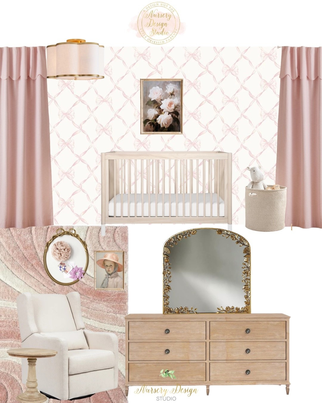 The prettiest take on a pink nursery 🎀 A delicate bow wallpaper sets the tone, paired with a warm wood crib, vintage-inspired dresser, brass mirror, soft blush rug, and romantic details for a girl’s nursery that feels sweet without feeling overly precious. Shop Lydia’s nursery below.

#LTKSaleAlert #LTKHome #LTKmomlife